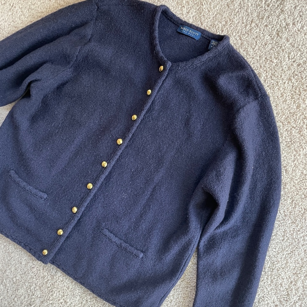Karen Scott Navy Blue 100% Wool Long Sleeve Cardigan Sweater Large Gold Buttons - Picture 10 of 12
